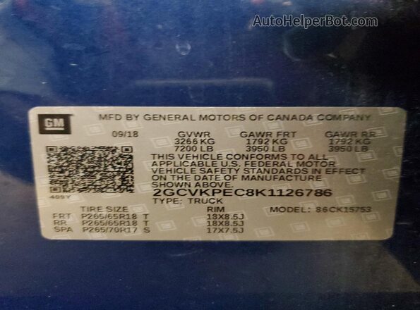 2GCVKPEC8K1126786 2019 CHEVROLET SILVERADO Blue 