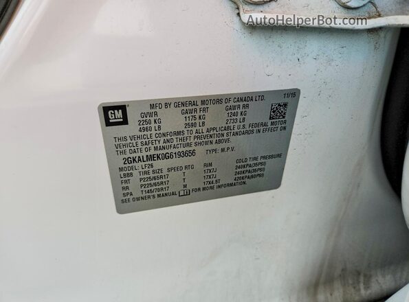 2GKALMEK0G6193656 2016 GMC TERRAIN White Вид наклейки з VIN-кодом