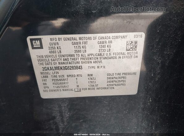 2GKALMEK0G6283843 2016 GMC TERRAIN Black ძრავის განყოფილების ხედი