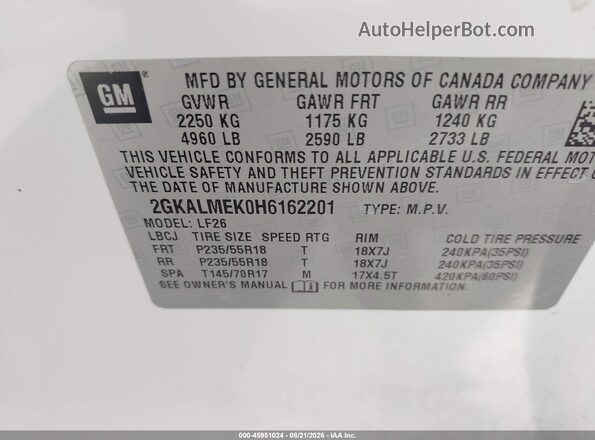 2GKALMEK0H6162201 2017 GMC TERRAIN White Vista del compartimento del motor