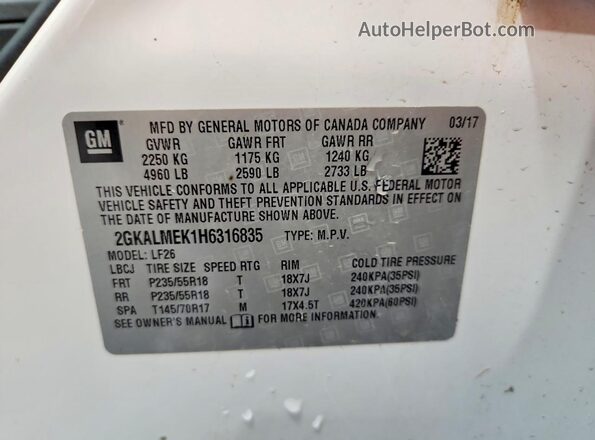 2GKALMEK1H6316835 2017 GMC TERRAIN White VIN კოდის სტიკერის ხედი