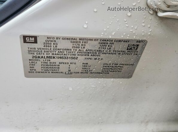 2GKALMEK1H6331562 2017 GMC TERRAIN White Вид наклейки з VIN-кодом
