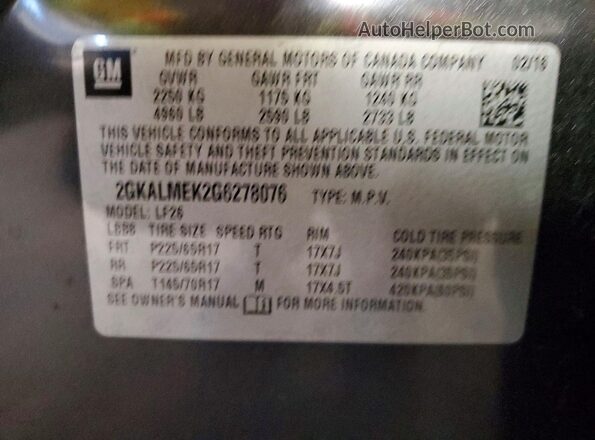 2GKALMEK2G6278076 2016 GMC TERRAIN Gray VIN կոդի պիտակի տեսք