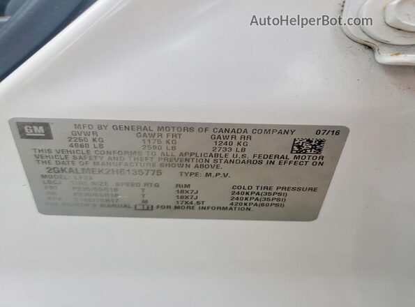 2GKALMEK2H6135775 2017 GMC TERRAIN White Вид підкапотного простору