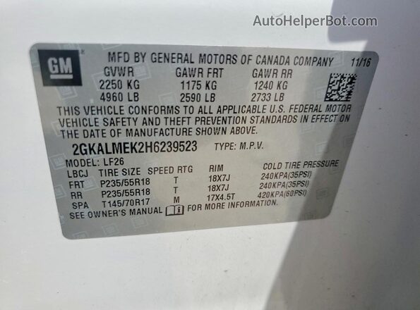 2GKALMEK2H6239523 2017 GMC TERRAIN White VIN კოდის სტიკერის ხედი