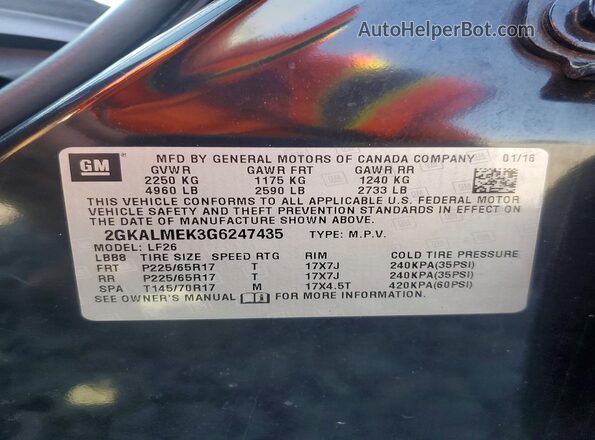 2GKALMEK3G6247435 2016 GMC TERRAIN Black Вид наклейки з VIN-кодом