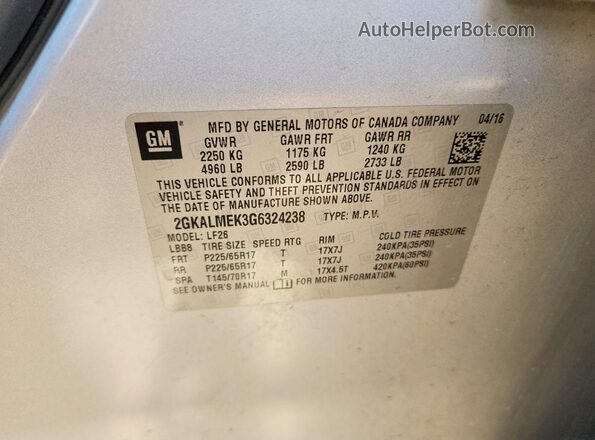 2GKALMEK3G6324238 2016 GMC TERRAIN Серебряный Вид наклейки с VIN-кодом