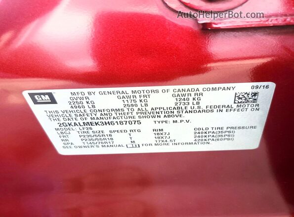 2GKALMEK3H6187075 2017 GMC TERRAIN Красный Вид наклейки с VIN-кодом