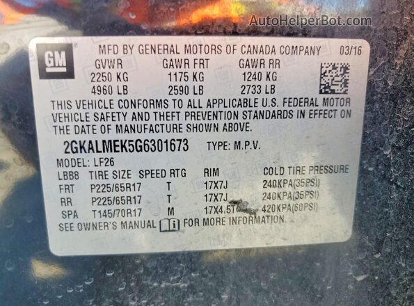 2GKALMEK5G6301673 2016 GMC TERRAIN Black VIN კოდის სტიკერის ხედი