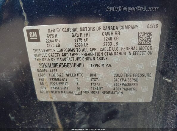 2GKALMEK5G6318960 2016 GMC TERRAIN Dark Blue ძრავის განყოფილების ხედი