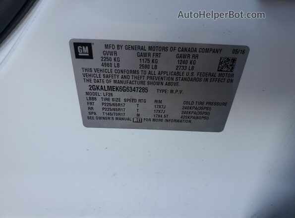 2GKALMEK6G6347285 2016 GMC TERRAIN White Vista del compartimento del motor