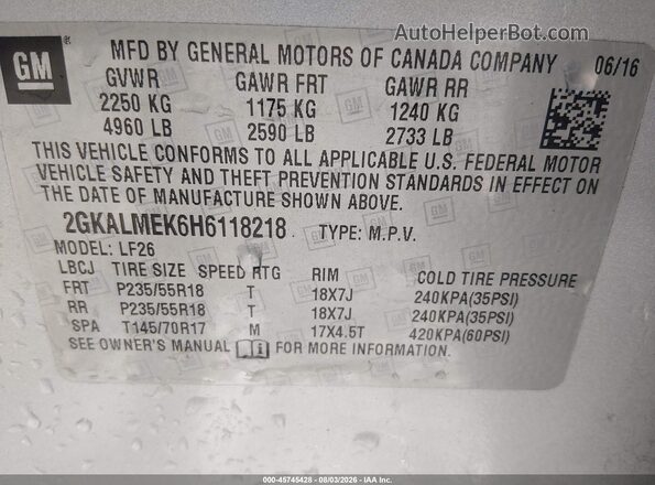 2GKALMEK6H6118218 2017 GMC TERRAIN Silver ძრავის განყოფილების ხედი