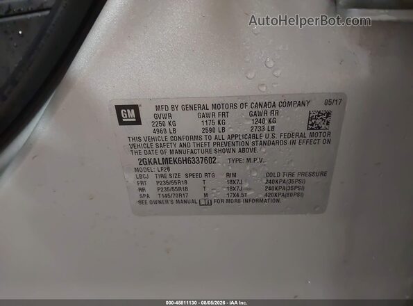 2GKALMEK6H6337602 2017 GMC TERRAIN Gray Շարժիչի բաժամունքի տեսք