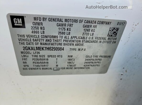2GKALMEK7H6290984 2017 GMC TERRAIN White VIN կոդի պիտակի տեսք