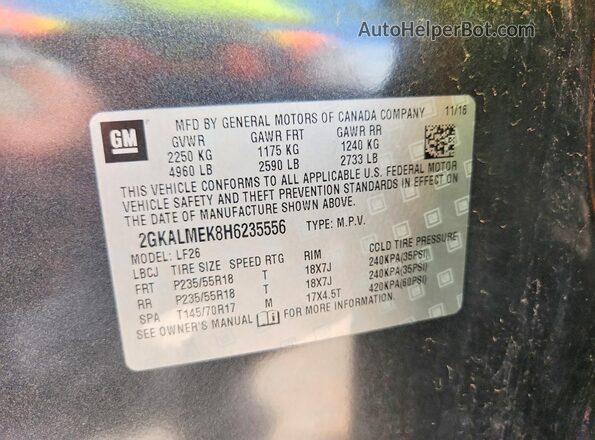 2GKALMEK8H6235556 2017 GMC TERRAIN Gray VIN sticker view
