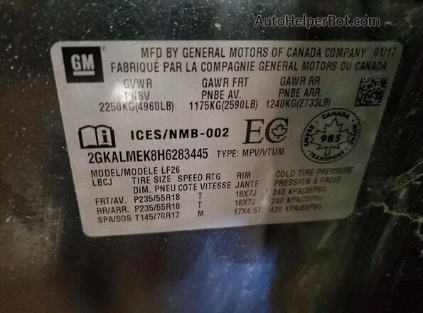 2GKALMEK8H6283445 2017 GMC TERRAIN Gray Widok naklejki z numerem VIN