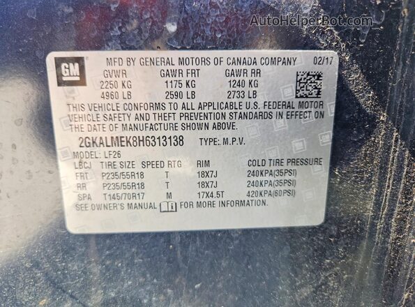2GKALMEK8H6313138 2017 GMC TERRAIN Синий Вид наклейки с VIN-кодом