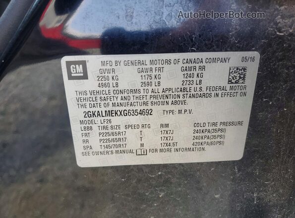 2GKALMEKXG6354692 2016 GMC TERRAIN Черный Вид наклейки с VIN-кодом