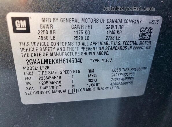 2GKALMEKXH6146040 2017 GMC TERRAIN Gray Vista de la etiqueta del VIN