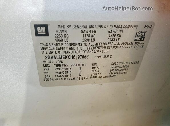 2GKALMEKXH6197666 2017 GMC TERRAIN Silver Widok naklejki z numerem VIN