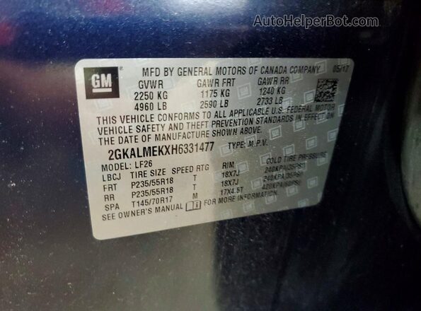 2GKALMEKXH6331477 2017 GMC TERRAIN Синий Вид наклейки с VIN-кодом