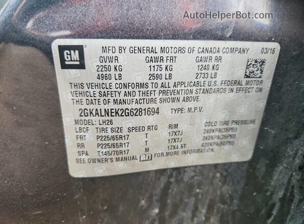 2GKALNEK2G6281694 2016 GMC TERRAIN Gray Vista de la etiqueta del VIN