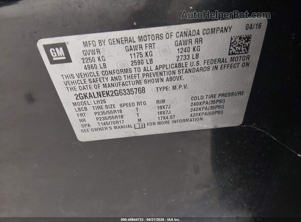 2GKALNEK2G6335768 2016 GMC TERRAIN Black Widok komory silnika