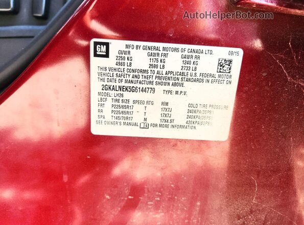 2GKALNEK5G6144779 2016 GMC TERRAIN Red Панорамний вид салону 360°