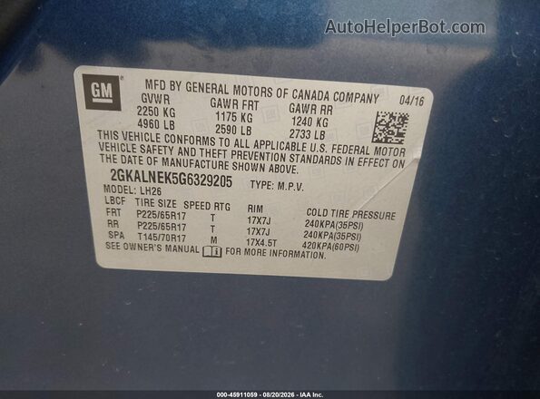 2GKALNEK5G6329205 2016 GMC TERRAIN Blue Вид підкапотного простору