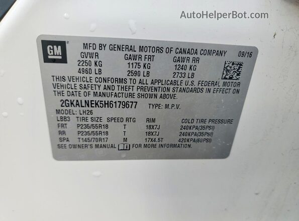 2GKALNEK5H6179677 2017 GMC TERRAIN White Панорамний вид салону 360°