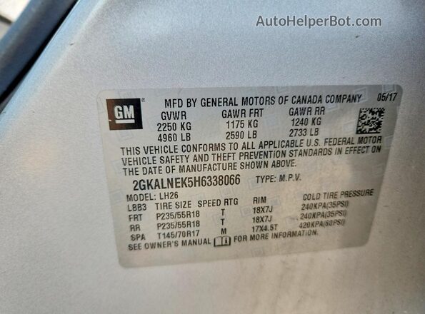 2GKALNEK5H6338066 2017 GMC TERRAIN Silver Vista de la etiqueta del VIN
