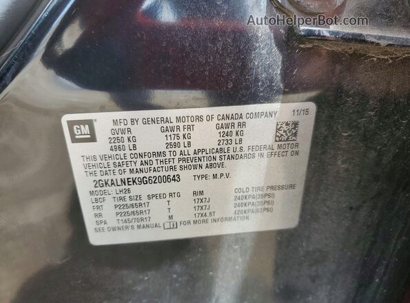 2GKALNEK9G6200643 2016 GMC TERRAIN Black Панорамний вид салону 360°