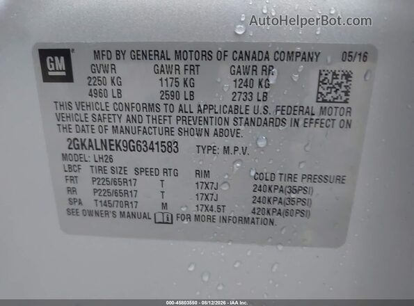 2GKALNEK9G6341583 2016 GMC TERRAIN Серебряный Вид подкапотного пространства