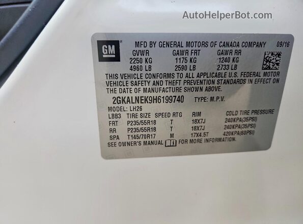 2GKALNEK9H6199740 2017 GMC TERRAIN White VIN կոդի պիտակի տեսք