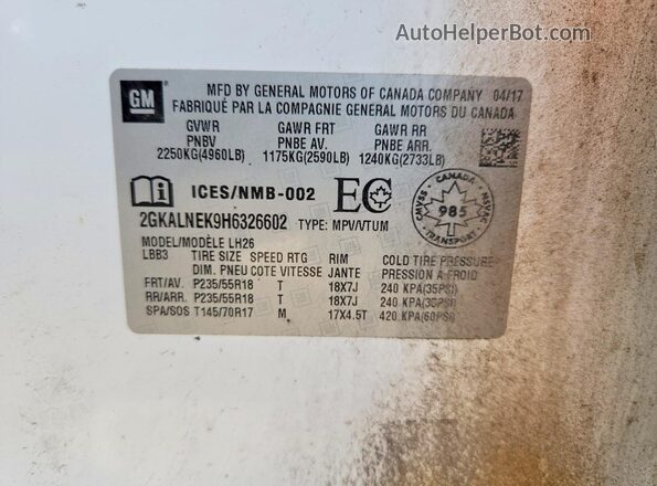 2GKALNEK9H6326602 2017 GMC TERRAIN White VIN კოდის სტიკერის ხედი