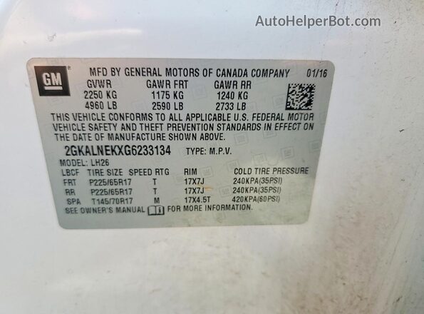 2GKALNEKXG6233134 2016 GMC TERRAIN White Вид наклейки з VIN-кодом