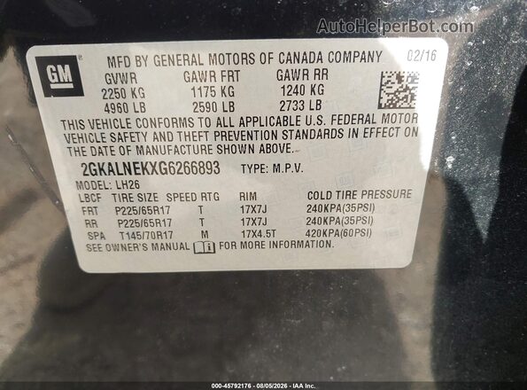 2GKALNEKXG6266893 2016 GMC TERRAIN Black Engine compartment view