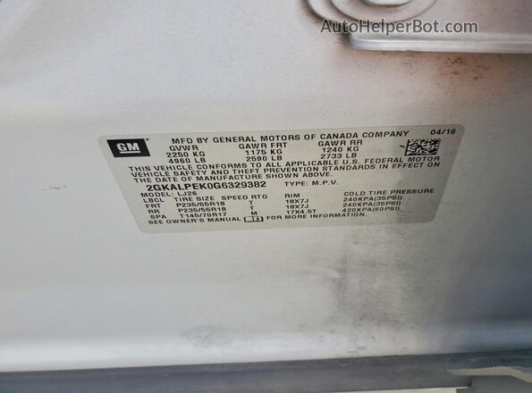 2GKALPEK0G6329382 2016 GMC TERRAIN Серебряный Вид наклейки с VIN-кодом