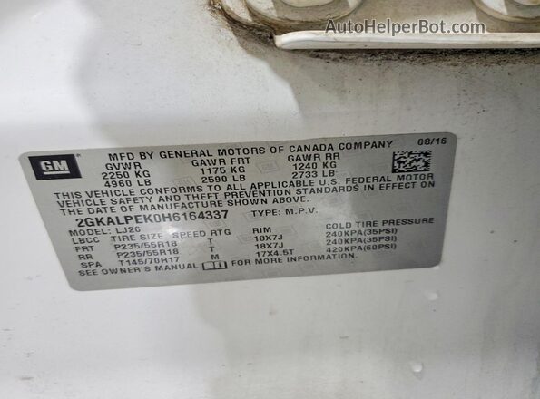 2GKALPEK0H6164337 2017 GMC TERRAIN White Панорамний вид салону 360°