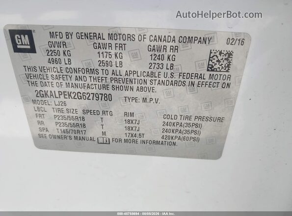2GKALPEK2G6279780 2016 GMC TERRAIN White Vista del compartimento del motor