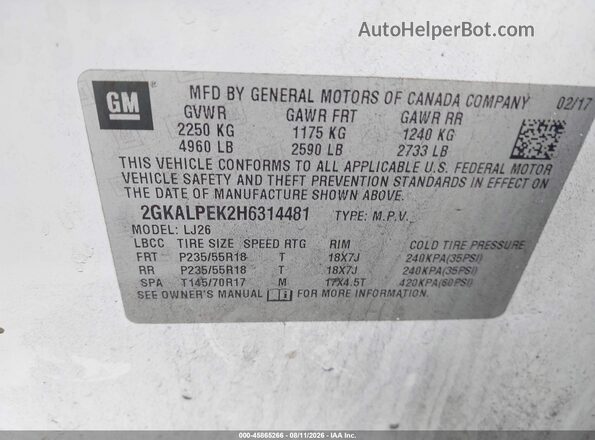 2GKALPEK2H6314481 2017 GMC TERRAIN White Widok komory silnika