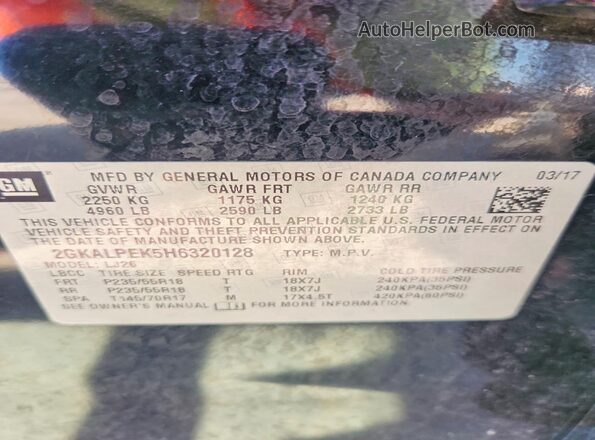 2GKALPEK5H6320128 2017 GMC TERRAIN Черный Вид наклейки с VIN-кодом