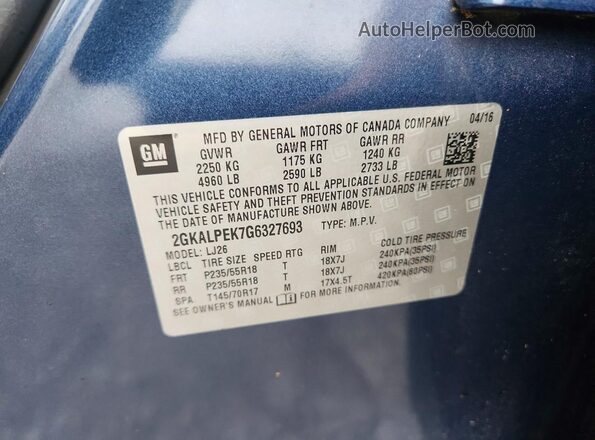2GKALPEK7G6327693 2016 GMC TERRAIN Blue Вид наклейки з VIN-кодом