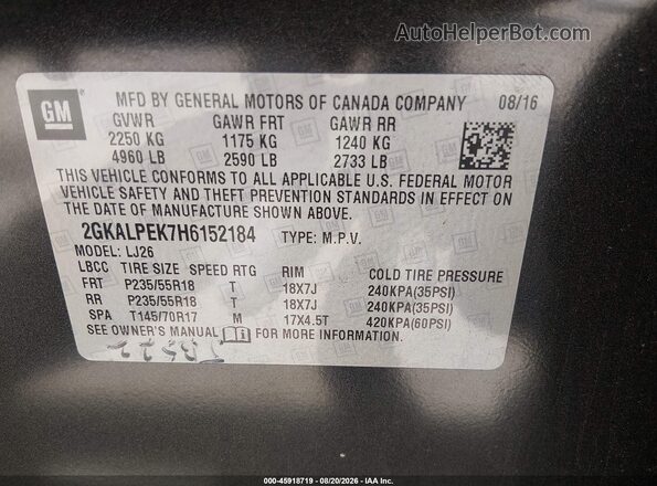 2GKALPEK7H6152184 2017 GMC TERRAIN Beige VIN կոդի պիտակի տեսք