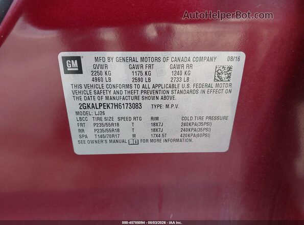 2GKALPEK7H6173083 2017 GMC TERRAIN Красный Вид подкапотного пространства