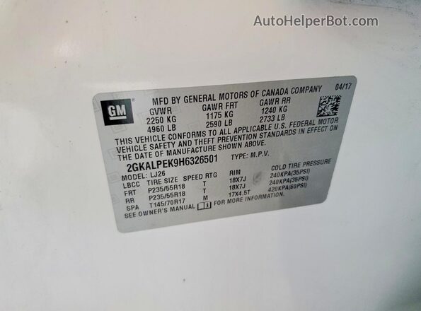 2GKALPEK9H6326501 2017 GMC TERRAIN White Widok komory silnika