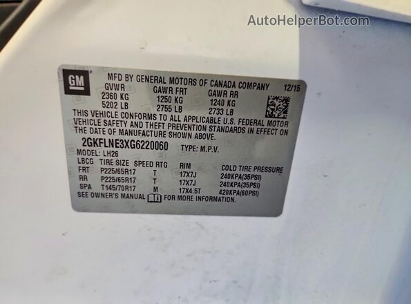 2GKFLNE3XG6220060 2016 GMC TERRAIN White VIN კოდის სტიკერის ხედი