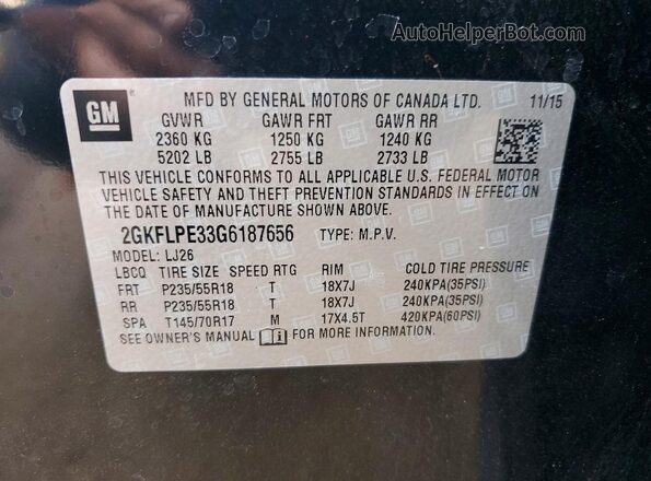 2GKFLPE33G6187656 2016 GMC TERRAIN Black Вид наклейки з VIN-кодом