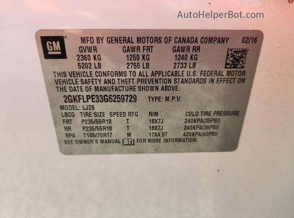2GKFLPE33G6259729 2016 GMC TERRAIN White VIN կոդի պիտակի տեսք