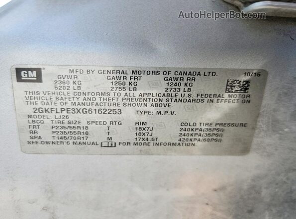 2GKFLPE3XG6162253 2016 GMC TERRAIN Silver VIN կոդի պիտակի տեսք